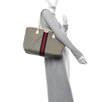 GUCCI GG Supreme Monogram Textured Dollar Calfskin Web Medium Ophidia Shopping Tote Beige Ebony Mystic White
