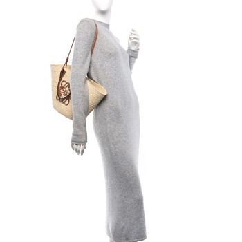 LOEWE Calfskin Raffia Paulas Ibiza Medium Anagram Basket Tote Bag Natural Tan