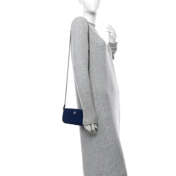 CHANEL Jersey Quilted Small Clutch With Chain Navy