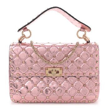 VALENTINO GARAVANI Metallic Wrinkled Lambskin Medium Rockstud Spike Shoulder Bag Lipstick