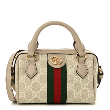 GUCCI GG Supreme Monogram Textured Dollar Calfskin Web Super Mini Ophidia Top Handle Bowler Bag Beige Mystic White Oatmeal