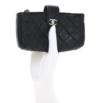 CHANEL Lambskin Quilted Mini Phone Holder Clutch Black