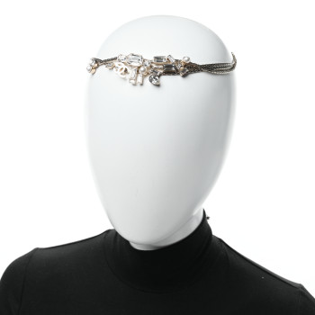 CHANEL Metal Crystal Pearl Grosgrain CC Chain Tie Headband Gold