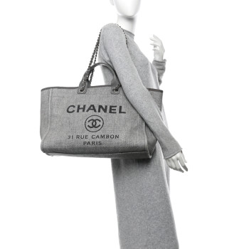 CHANEL Woven Straw Raffia Large Deauville Tote Grey