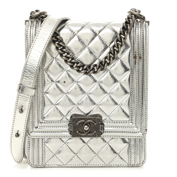 CHANEL Metallic Goatskin Quilted North South Boy Flap Silver