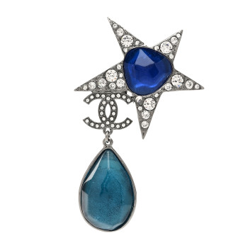 CHANEL Crystal Resin Star CC Brooch Silver Blue