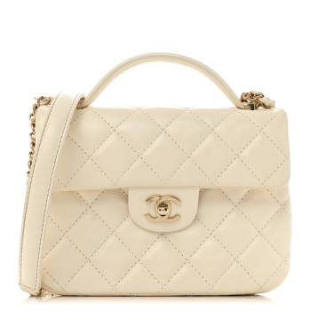 CHANEL Shiny Crumpled Calfskin Quilted Top Handle Flap White