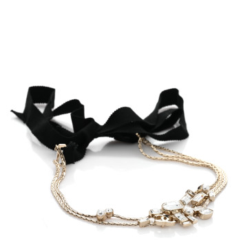 CHANEL Metal Crystal Pearl Grosgrain CC Chain Tie Headband Gold