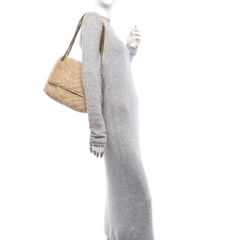 SAINT LAURENT Calfskin Shearling Monogram Medium Niki Chain Satchel Natural Beige