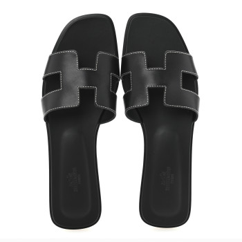 HERMES Box Calfskin Oran Sandals 41 Black