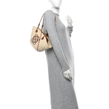 LOEWE Calfskin Raffia Paulas Ibiza Small Anagram Basket Tote Bag Natural Tan