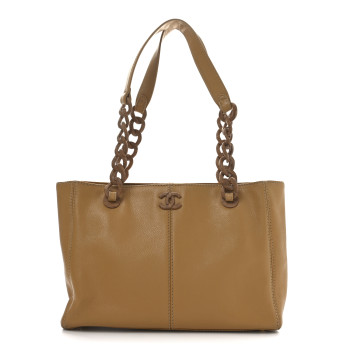 CHANEL Calfskin Wood Chain Tote Light Brown