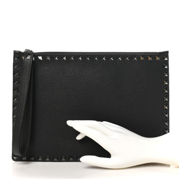 VALENTINO GARAVANI Vitello Monochrome Large Rockstud Zip Pouch Black