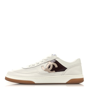 CHANEL Calfskin Patent Womens CC Sneakers 41 White Burgundy Beige