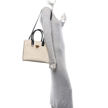 VERSACE Canvas Calfskin La Medusa Tote Bag Beige
