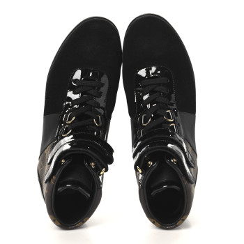LOUIS VUITTON Suede Patent Monogram Move Up Sneakers 36.5 Black