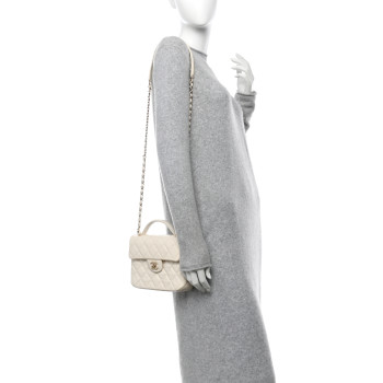 CHANEL Shiny Crumpled Calfskin Quilted Top Handle Flap White