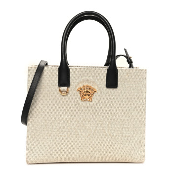 VERSACE Canvas Calfskin La Medusa Tote Bag Beige