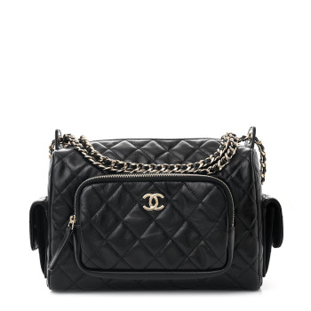 CHANEL Shiny Crumpled Lambskin Quilted Medium Preppy Pocket Camera Case Black