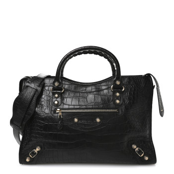 BALENCIAGA Calfskin Crocodile Embossed Giant 12 Gold Hardware City Black