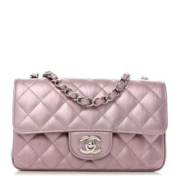 CHANEL Metallic Calfskin Quilted Mini Rectangular Flap Pink