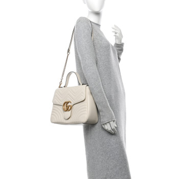 GUCCI Calfskin Matelasse Medium GG Marmont Top Handle Shoulder Bag Mystic White