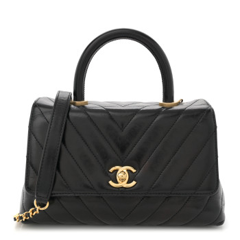 CHANEL Aged Calfskin Chevron Quilted Mini Coco Handle Flap Black