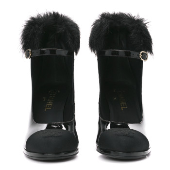CHANEL Patent Shearling Lambskin Cap Toe Mary Jane Pumps 39 Black