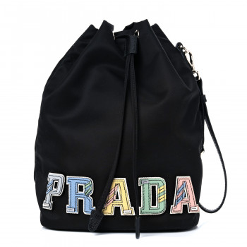 PRADA Saffiano Tessuto Nylon Vela Lettering Bucket Wristlet Black