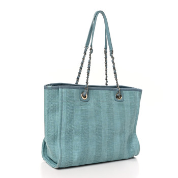 CHANEL Mixed Fibers Striped Small Deauville Tote Blue