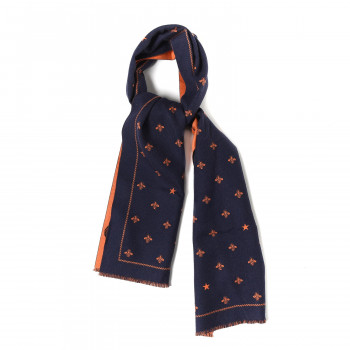 GUCCI Wool Bee Costel Scarf Midnight Blue Orange 503510