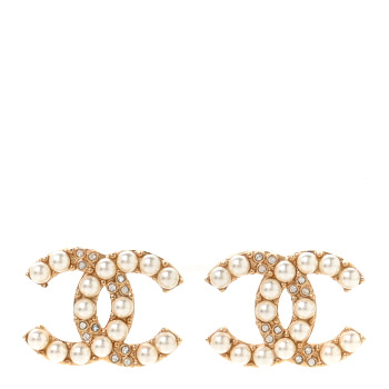 CHANEL Pearl Crystal CC Earrings Gold