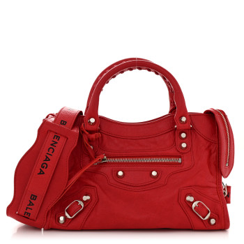 BALENCIAGA Agneau Classic Silver Hardware Mini City Logo Strap Red Black