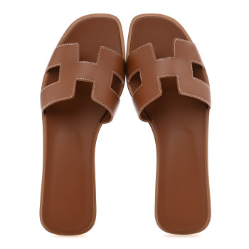 HERMES Box Calfskin Oran Sandals 38.5 Gold
