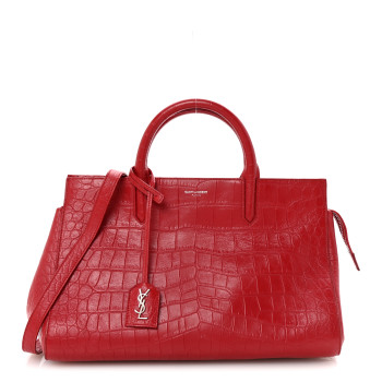 SAINT LAURENT Calfskin Crocodile Embossed Small Cabas Rive Gauche Red