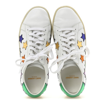 SAINT LAURENT Calfskin Womens Star Court Sneakers 40 Green Multicolor