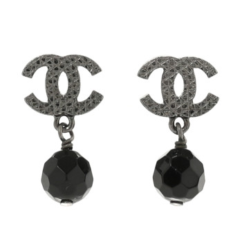 CHANEL Beaded CC Drop Earrings Ruthenium Black