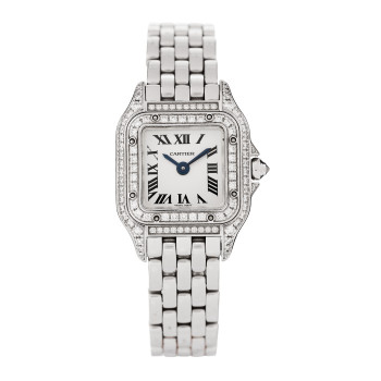 CARTIER 18K White Gold Diamond Bezel 19mm Double Row Panthere Quartz Watch