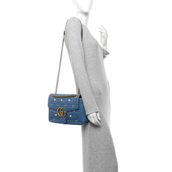 GUCCI Kura Denim Matelasse Cubic Pearl Studded Medium GG Marmont Shoulder Bag Blue