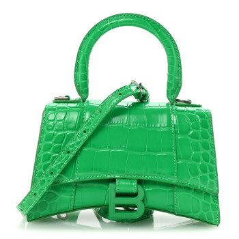 BALENCIAGA Shiny Calfskin Tonal B Crocodile Embossed Hourglass Top Handle Bag XS Vivid Green