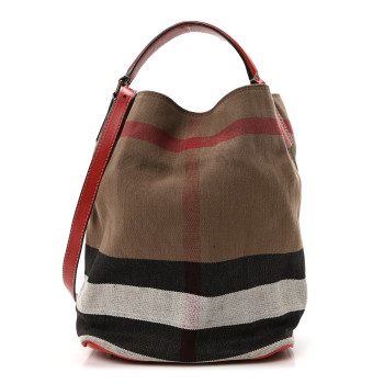 BURBERRY Canvas Mega Check Medium Ashby Bucket Bag Red