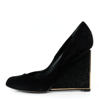LOUIS VUITTON Suede Crystal Peep Toe Wedge 37 Black