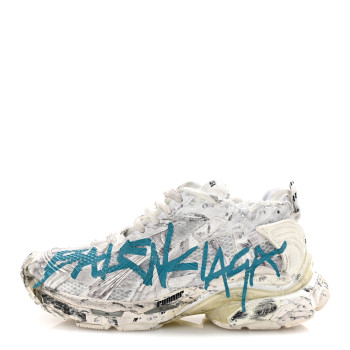 BALENCIAGA Mesh Rubber Graffiti Mens Runner Sneakers 42 White Blue