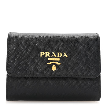 PRADA Saffiano Metal Tri-Fold Wallet Black Hibiscus