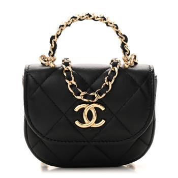 CHANEL Lambskin Quilted Pearl Top Handle Clutch With Chain  Black