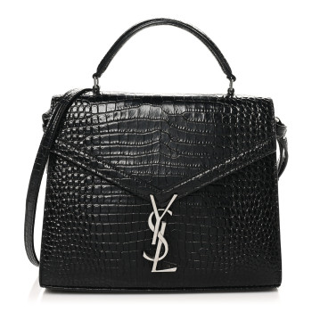 SAINT LAURENT Calfskin Crocodile Embossed Medium Classic Monogram Cassandra Top Handle Black Rouge Legion