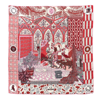 HERMES Cashmere Silk La Danse Des Amazones Shawl 140 Vieux Rose Gris White