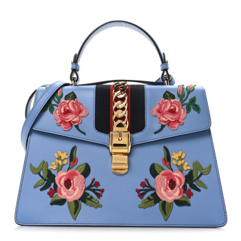 GUCCI Calfskin Embroidered Medium Sylvie Top Handle Bag Clear Sky Blue