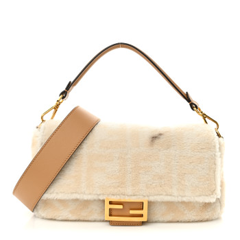 FENDI Shearling Vitello Dolce Macro FF 1974 Baguette White Ice Cuoio Miele Scuro