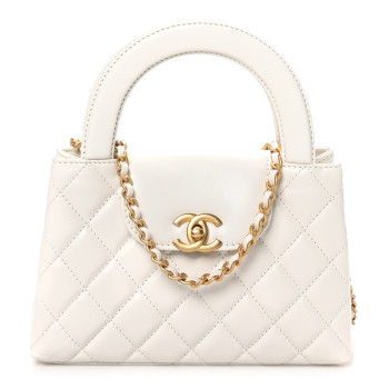 CHANEL Shiny Aged Calfskin Quilted Nano Kelly Shopper White